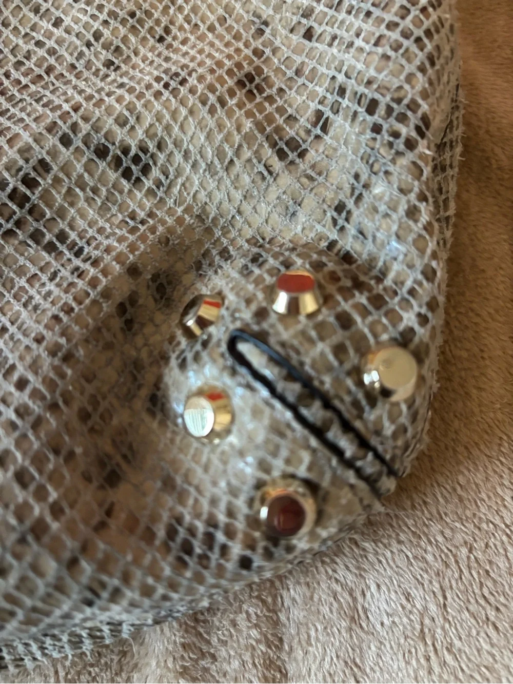 Michael Kors Gray Snake-Print Shoulder Bag with Gold Studs and Orange MK Charm